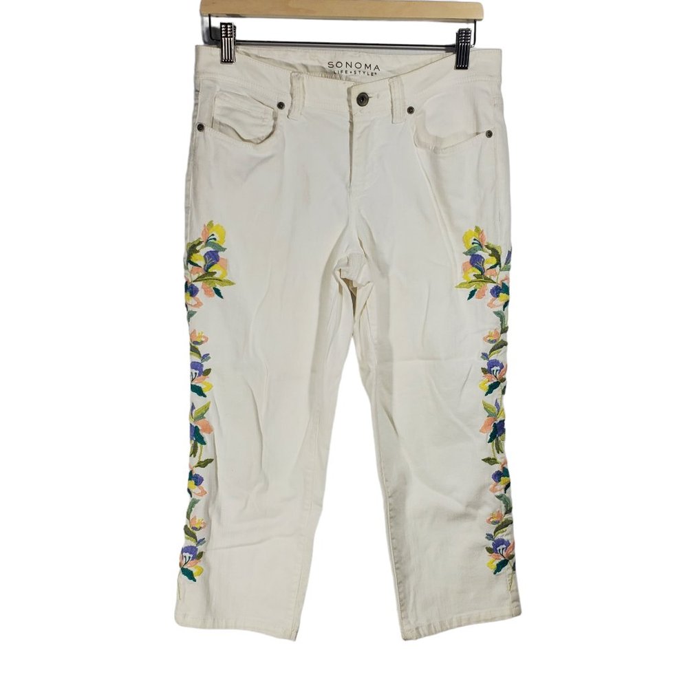 Sonoma Floral Embroidered Capri Jeans Modern Fit Boho Country Casual Hippie
